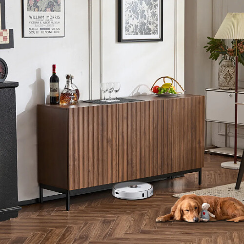 Merax Buffet En Chêne Foncé-3 Portes-design Ondulé 3d-étagères Réglables-rangement Pour Salon