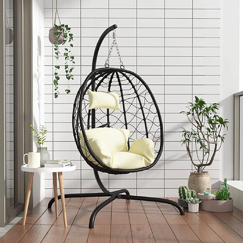 vidaXL Fauteuil suspendu avec coussin en polyrotin et acier blanc crème