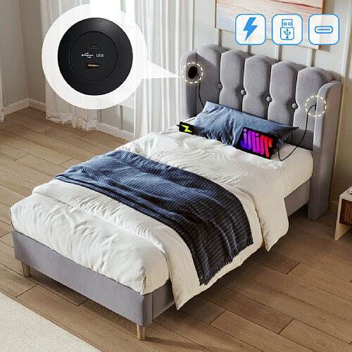 Merax Lit Double Capitonné Avec Port USB Type-c-lit Adulte 90x200cm-revêtement En Lin Gris-gris