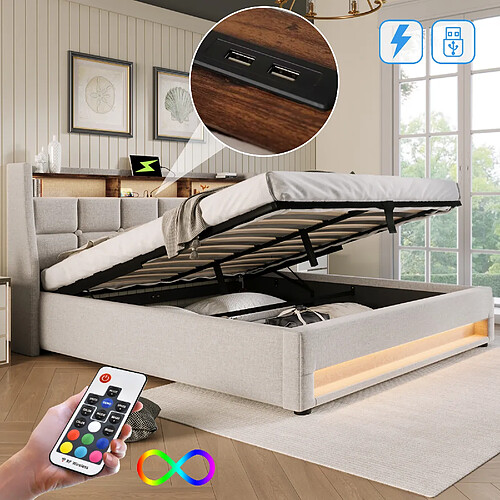 Merax Lit Capitonné - 160x200cm - USB Et LED - Cadre Lin Beige