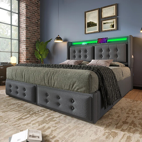 Merax Lit Simple 140x200cm-Tête De Lit LED Et Port USB-c-Rangement Hydraulique-en Bois-gris
