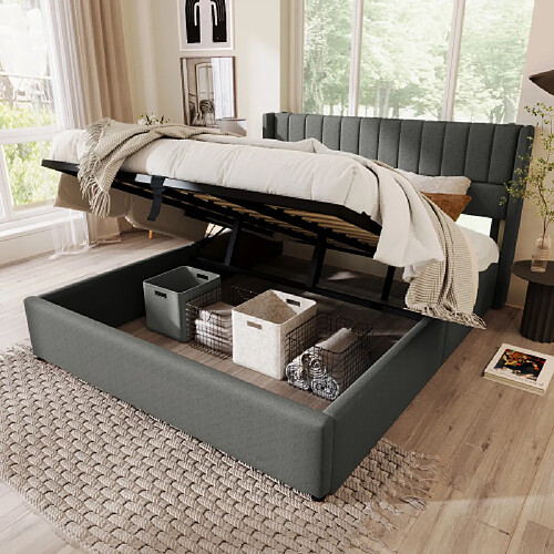 Merax Lit Double Hydraulique 140x200cm-lit Coffre-système Hydraulique-lit En Bois-en Lin-gris