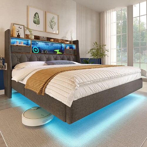 Merax Lit Double 140x200 Cm-lit Adulte LED-station De Charge (1 Type-c, 3 Ports USB)-en Lin-gris