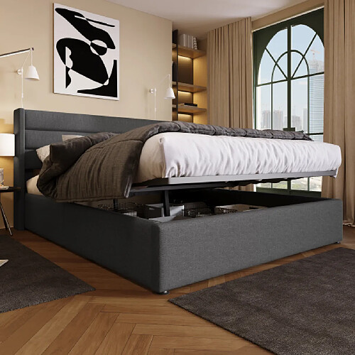 Merax Lit Double Hydraulique 180x200cm-lit Coffre-sommier à lattes en bois-en Lin-Gris