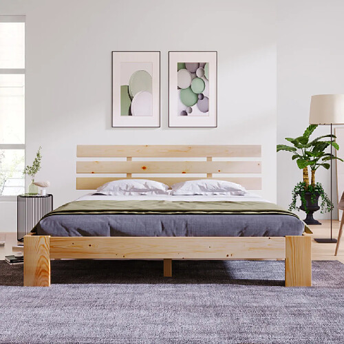 Merax Lit Double 140x200cm-lit Adulte Avec Sommier à Lattes-en Bois Massif-naturel