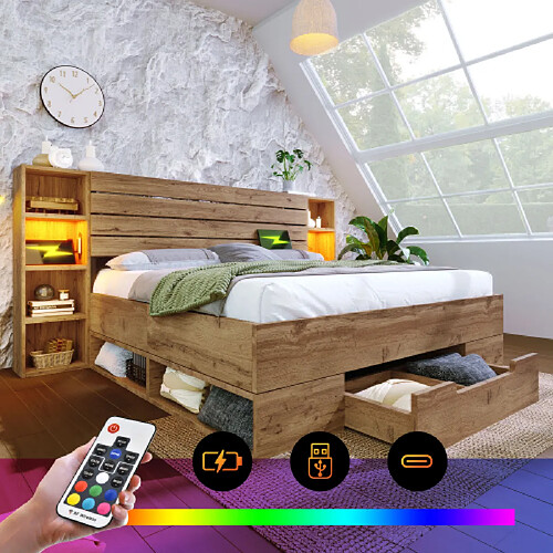 Merax Lit Double 180x200cm-lit Adulte En Bois Massif-avec Éclairage LED Et Port USB-c-naturel