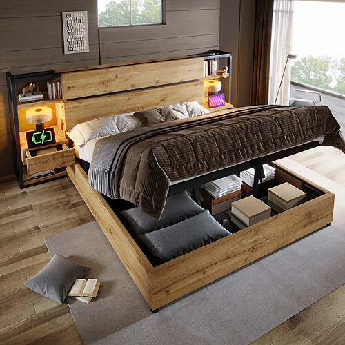 Merax Lit Double 180×200cm-en Bois-système Hydraulique-tête De Lit Coffre-USB Et Type-c-Bois