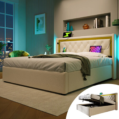 Merax Lit Avec Éclairage LED-lit Double 160x200cm-avec Fonction De Chargement USB Type C-beige