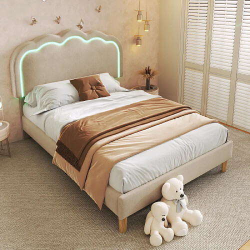 Merax Lit Enfant Avec Éclairage LED-lit Simple 90x200 Cm-tête De Lit Réglable-en Lin-beige