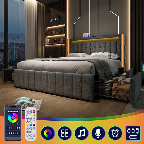 Merax Lit Double Junior - Gris - USB Type C - LED - 4 Tiroirs - 140x200cm