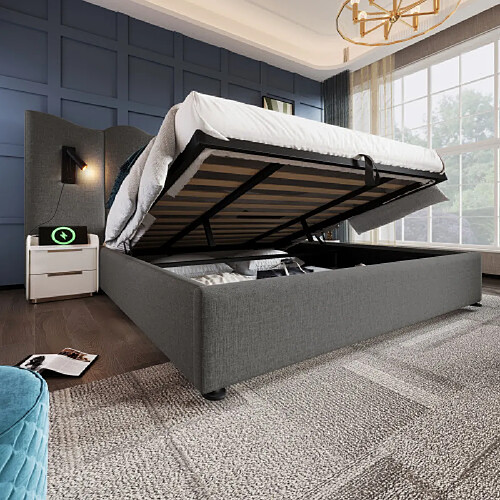 Merax Lit 180x200 Cm Avec Lampe De Lecture-usb Type-c-en Bois Massif-en Velours Côtelé-gris