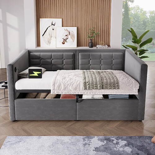 Merax Canapé-lit 90x190 Cm-avec Rangement Hydraulique-station De Chargement USB Et Type-c-gris