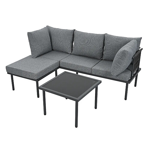 DZMDIP Salon de jardin, Canapé d'angle avec table basse + repose-pieds, Tubulure acier galvanisé