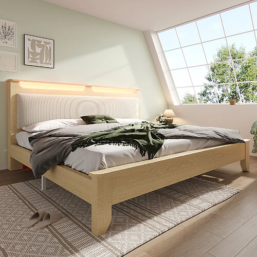 Merax Lit Double 180×200cm-En Bois Avec LED - Tête De Lit Avec Rangementen -Silencieux-Chêne
