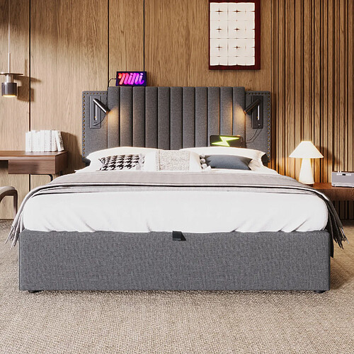 Merax Lit Double 140x200cm-avec Rangement-lampe De Lecture Avec Port USB-dossier Capitonn-gris