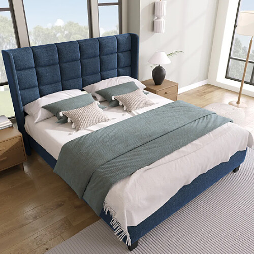 Merax Lit Rembourré-lit Double 140x200cm-lit Enfant-lit Pour Ado-en Lin-bleu