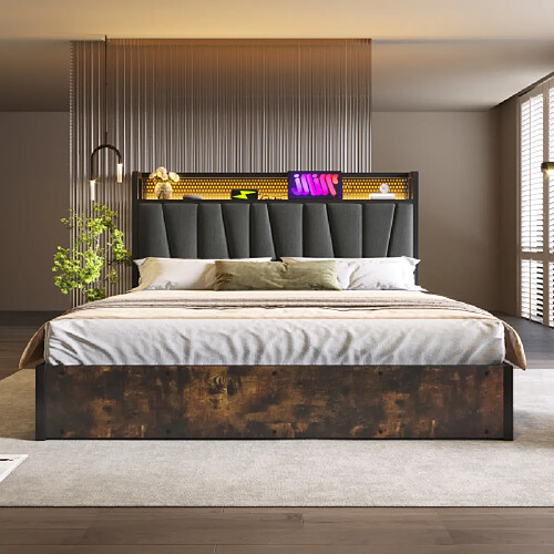 Merax Lit Double 180x200cm-contrôle Par Application LED-avec Fonction De Charge USB-en Bois-gris