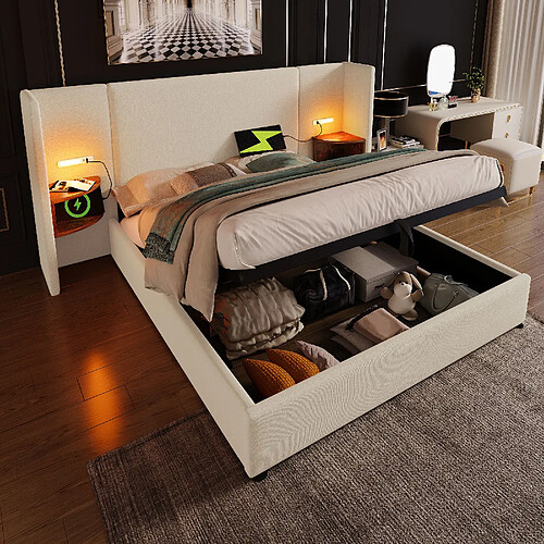 Merax Lit Double 180x200cm-lampe De Lecture-port USB Type-c-système Hydraulique-en Lin-beige