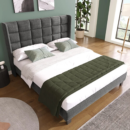 Merax Lit Rembourré-lit Double 140x200cm-lit Enfant-lit Pour Ado-en Lin-gris