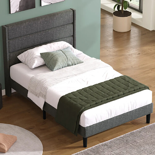 Merax Lit 90x200 Cm-lit Simple Avec Sommier à Lattes-lit Enfant-lit Pour Ado-en Lin-gris