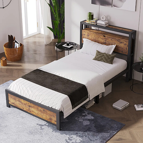 Merax Lit Simple 90 X 200 Cm-Lit En Métal Pour Jeunes-tête De Lit Coffre-Sommier à Lattes