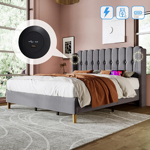 Merax Lit Double Capitonné Avec Port USB Type-c-lit Adulte 180x200cm-revêtement En Lin Gris-gris