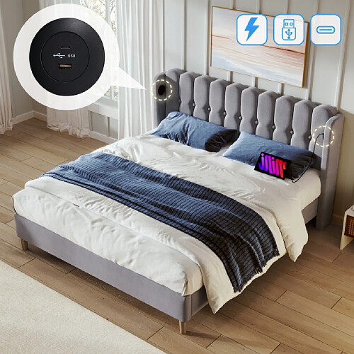 Merax Lit Double Capitonné Avec Port USB Type-c-lit Adulte 140x200cm-revêtement En Lin Gris-gris