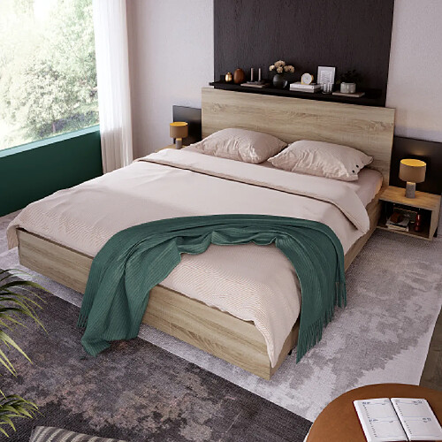 Merax Lit 160x200 Cm-Lit double avec 2 Tables De Chevet-en Chêne Sonoma/gris Foncé