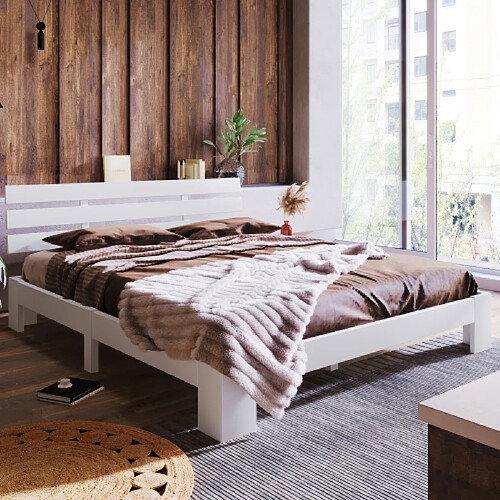 Merax Lit Double 140x200cm-lit Adulte Avec Sommier à Lattes-en Bois Massif-blanc