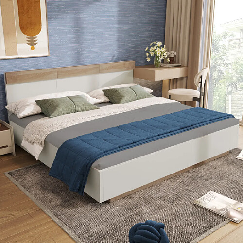 Merax Lit Double 140x200 cm-lit Suspendu En Bois-moderne-en Chêne/blanc