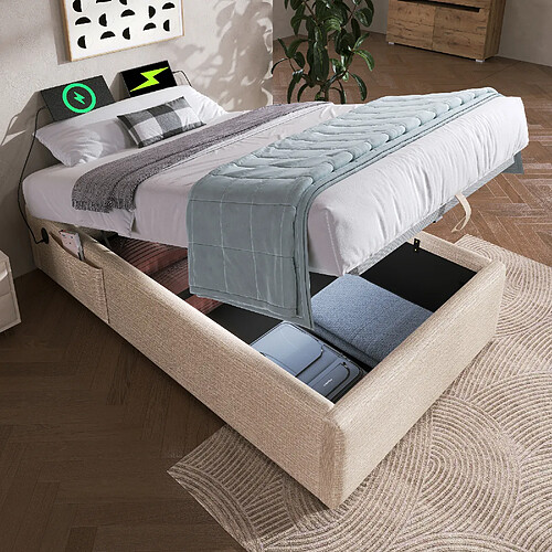 Merax Lit Simple 90×190 Cm-avec Port USB-c-avec Rangement Hydraulique-en Lin-beige