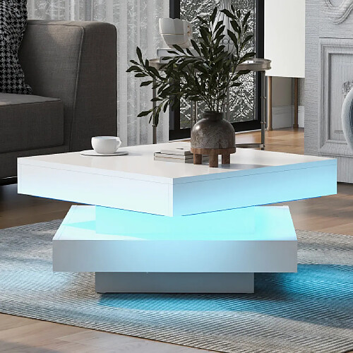 Merax Table Basse Carréee-avec Plateau Pivotant à 360°-led-blanche Laquée Brillante