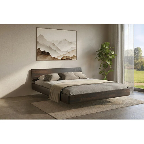 Visby Lit flottant en hêtre massif LENA / 160x200 cm, couleur palissandre