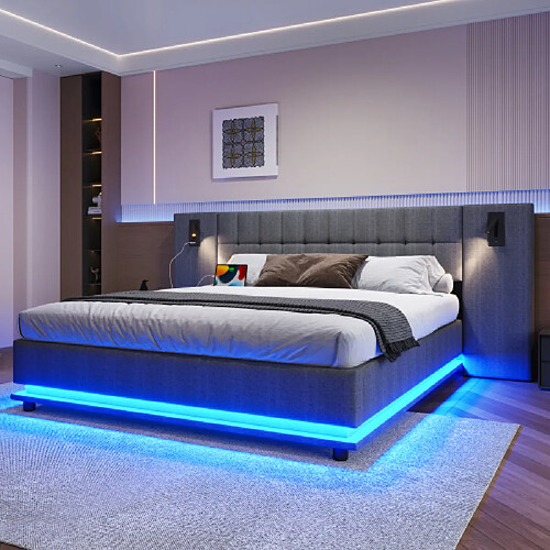 Merax Lit Double 180 X 200 Cm-lit Capitonné LED-tête De Lit Avec Spot Intégré, Port USB-gris