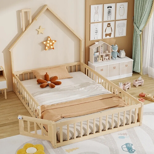 Merax Lit Enfant 140x190 Cm-lit Cabane En Bois-en Pin-avec Sommier à Lattes-naturel