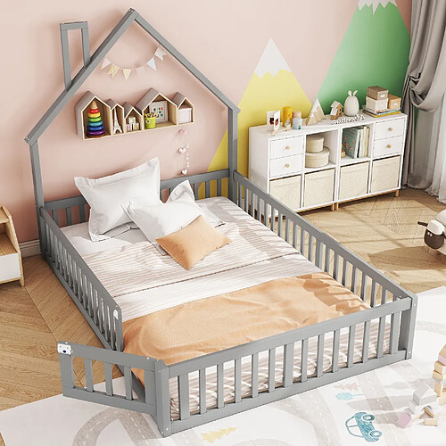 Merax Lit Enfant 140 X 190 Cm-en Bois-en Forme De Cheminée-pinède-gris