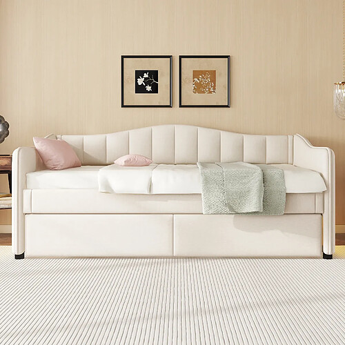 Merax Lit Rembourré 90 X 200cm-lit Gigogne 90 X 190cm-lit De Repos-lin-lit Simple-beige