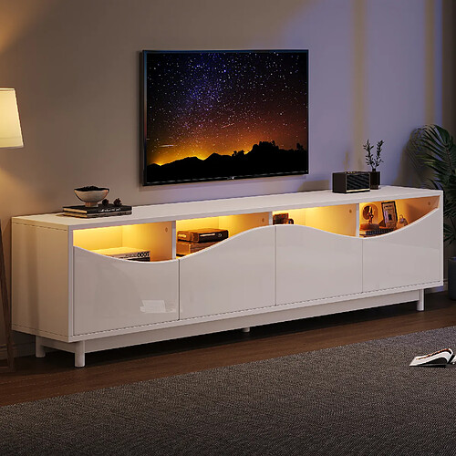 modfu Meuble TV blanc brillant 175x38x51 cm, avec LED
