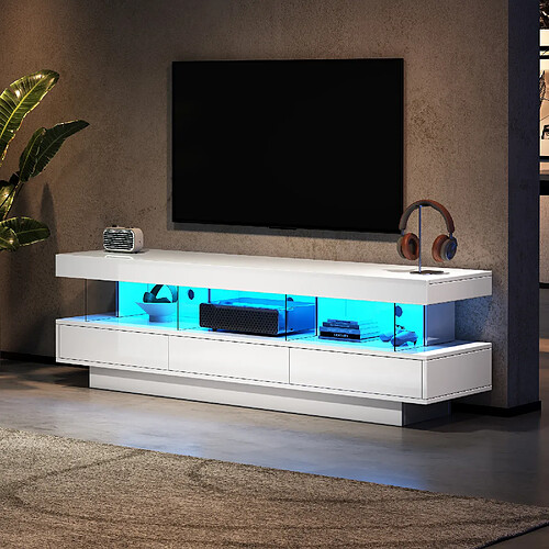 modfu Meuble TV blanche brillante 160x38x50,5 cm 3 étagères en verre, avec LED