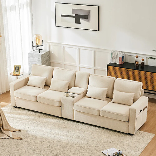 modfu Canapé droit 4 places en lin beige avec console, porte-gobelets et ports usb