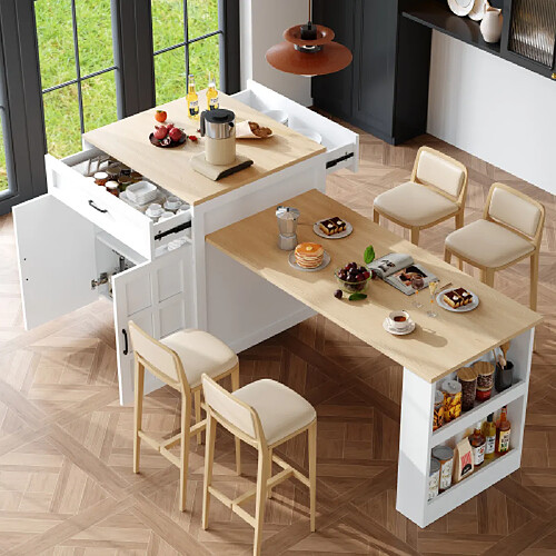 Merax Îlot Central Cuisine-table Extensible Avec Rangement-pour 2 à 6 Personnes-desserte-blanc