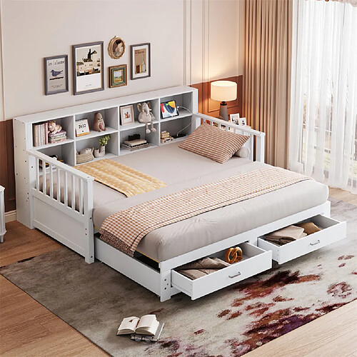 Pugsdrly Canapé-lit extensible - Bois massif - 90/180x190 cm - Blanc