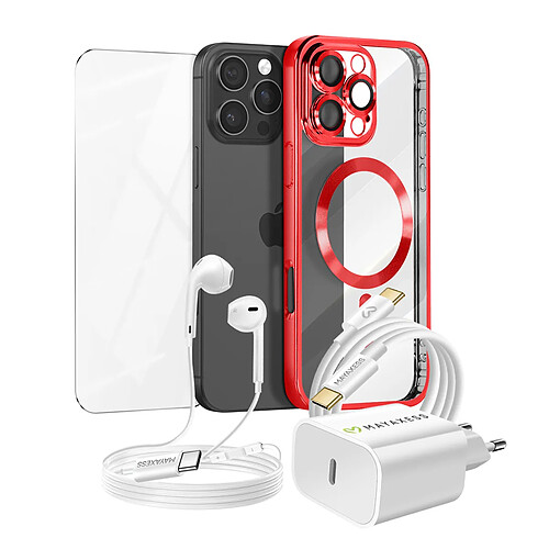 Mayaxess Pack Essentiel pour iPhone 16 Pro Max Coque, Verre, Chargeur, Écouteurs Rouge