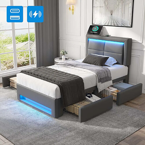 Pugsdrly Structure de lit simple 90 x 200 cm - Avec ports USB - Matériau PU