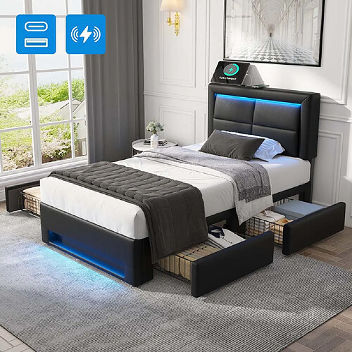 Pugsdrly Structure de lit simple 90 x 190 cm - Avec ports USB - Matériau PU