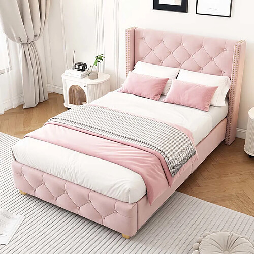 Pugsdrly Structure de lit simple 90*200 cm - avec sommier à lattes - rose