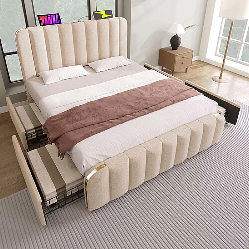 Pugsdrly Structure de lit double - avec recharge USB - 140 x 200 cm