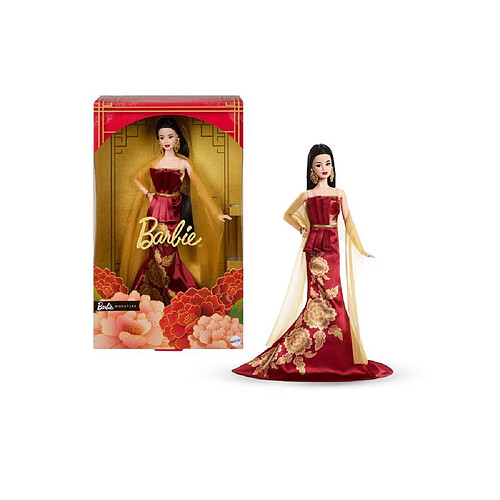 Barbie Lunar New Year - Robe rouge à motif pivoine doré