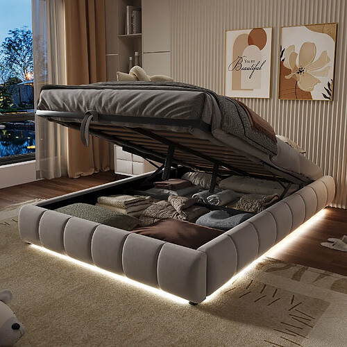 Merax Lit Coffre - Fonction Hydraulique- Avec Espace De Rangement- LED - 140x200 Cm - Beige