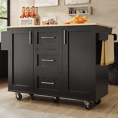 modfu Îlot de cuisine à roulettes avec 3 tiroirs et plateau rabattable en mdf et métal, noir
